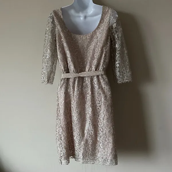 Shoshanna Lace 3/4 sleeve, light pink/silver dress - Size 6 - Image 5