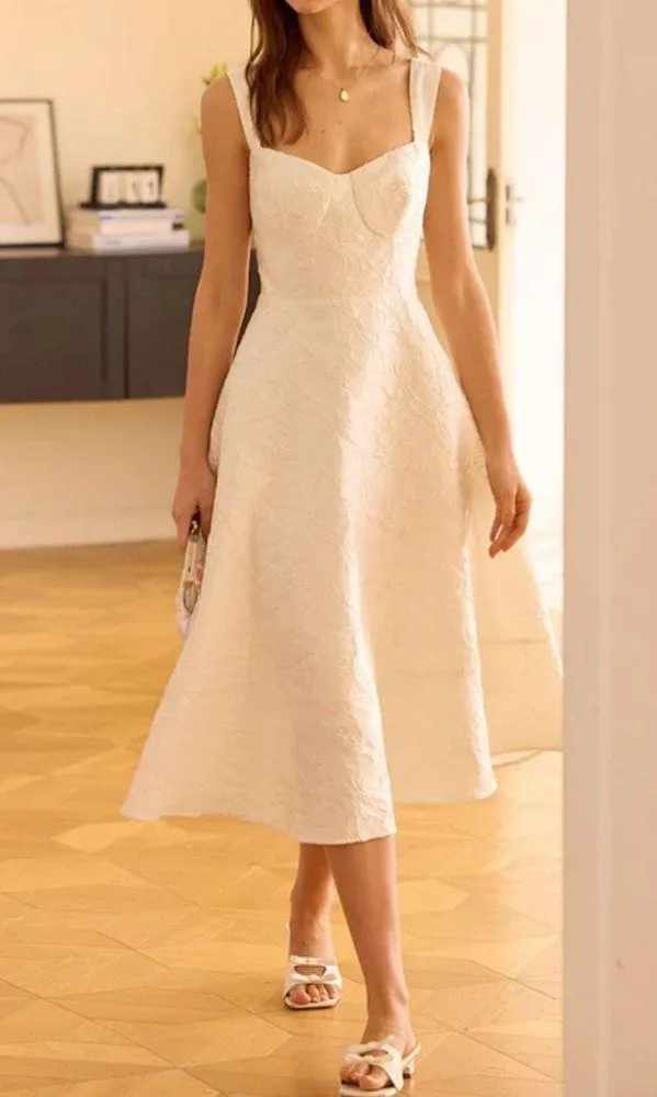 Rihoas White Sweetheart Neck Jacquard Midi Dress - Image 5