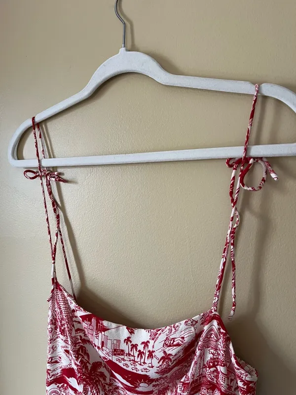 Reformation Sarah Red & Cream Los Angeles LA Printed Spaghetti-Strap Mini Dress - Image 5
