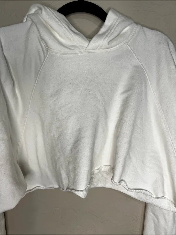 TNA Aritzia Sweatfleece Terry Mega Fit White‎ Cropped Raw Hem Hooded Sweatshirt - Image 4