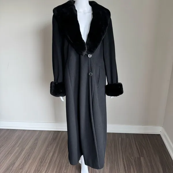 Women’s Outerwear Winter Black Fur Trim Cashmere Wool Long Coat Size M - Image 2
