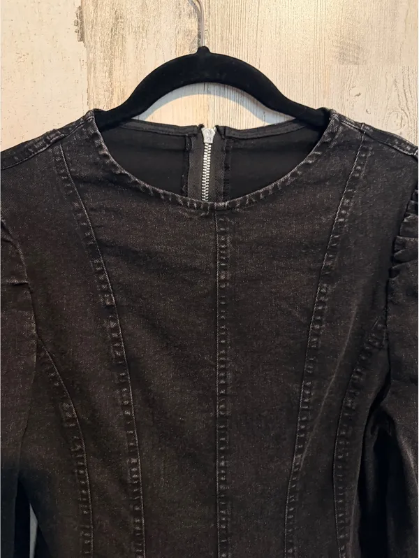 Black Acid Wash Denim Fit & Flare Mini Dress Puff Sleeve Size Small - Image 6