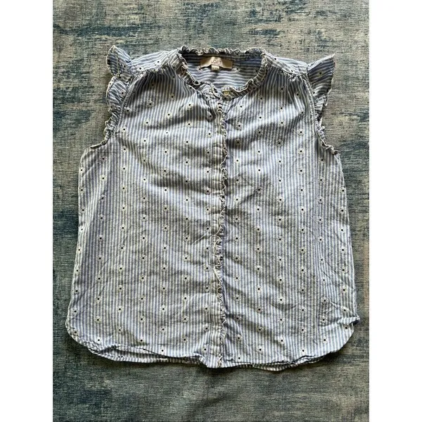 Loft Blue White Stripe Daisy Ruffle Button Front Top Women's Medium - Image 5