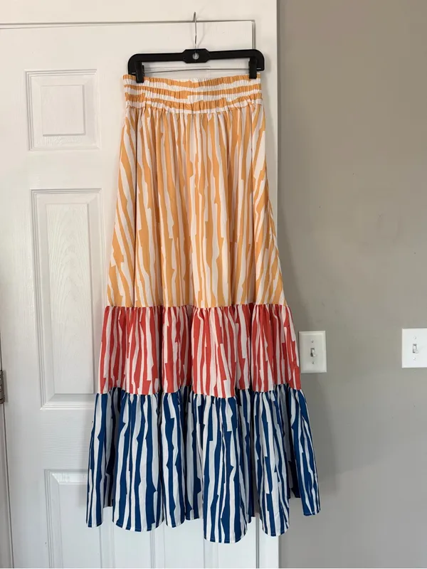 TOV Los Angeles Multicolor Tiered Stripe Maxi Skirt Vacation Resortwear - Image 6
