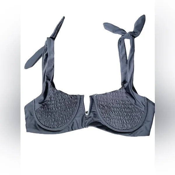 NEW Zaful Gray Smocked Shirred Bowknot Underwire V Cut Two Piece Bikini Set - Image 4
