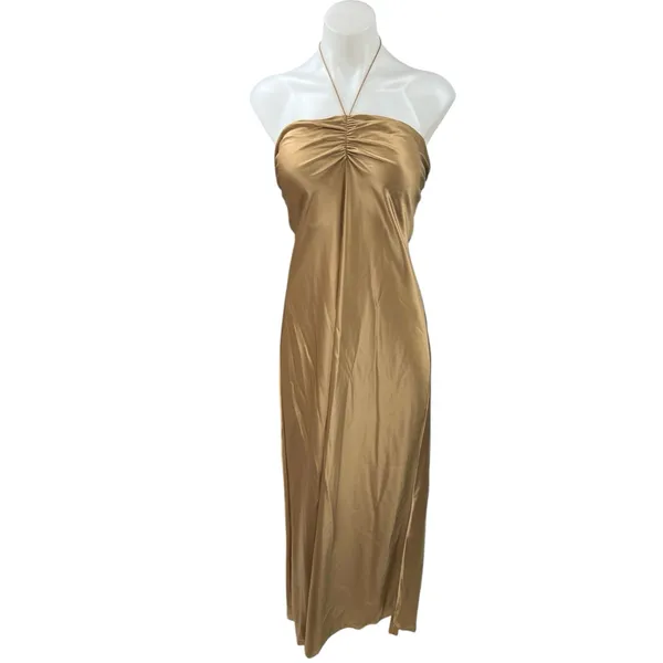 NEW Reformation Valora Gold Silk Satin Halter Tie Midi Maxi Cami Slip Dress 10 - Image 3