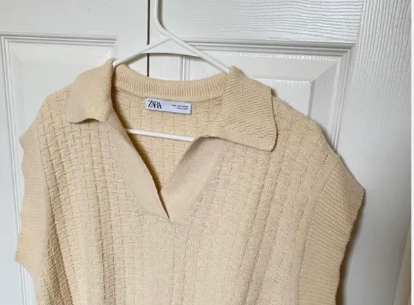 Sz S Fabulous Cap Sleeve Cropped Sweater / Vest Lovely Textured Cream Knit - Image 3