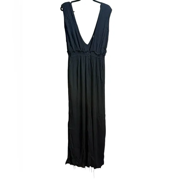 Free People Black Wide Leg Jumpsuit Deep V Neck Boho Flowy‎ Silhouette Sz S - Image 3