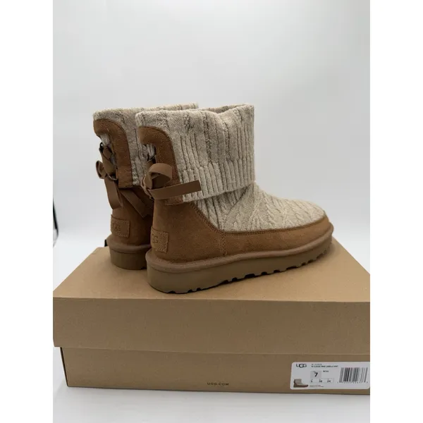 Women's UGG Classic Mini Cabelle Chestnut Suede/Knit Boot Sz 7 New In Box - Image 4