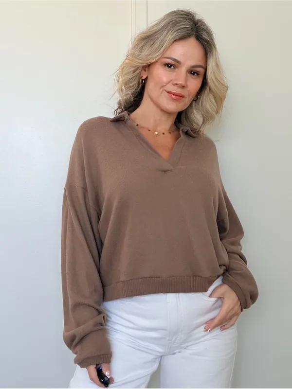 New Project Social T Relaxed V-Neck Collared Top - Brown - Image 2