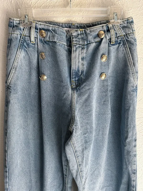 ZARA High Rise Sailor Button Wide Leg Jeans Raw Hem Light Wash US 6 - Image 4