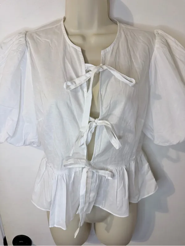 Playa Lucila White Puff Sleeve Peplum Tie Front Blouse S - Image 5