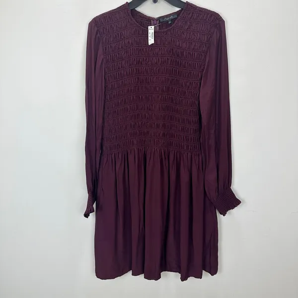 Madewell Long-Sleeve Smocked Mini Dress Dark Pomegranate Crepe Large NWT - Image 7