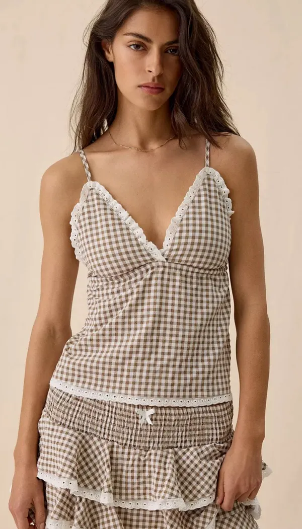 Urban Outfitters Daisy Street Coconut Brown Gingham Lace Trim Top & Ruffle Shorts - Image 3