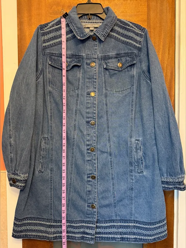 Jessica London Embroidered Long Denim Jacket Button Front Jean Coat Trench 12W - Image 11
