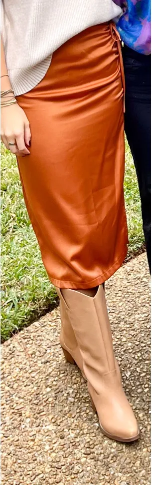 Ruched Satin Midi Skirt Orange Size XS - Image 2