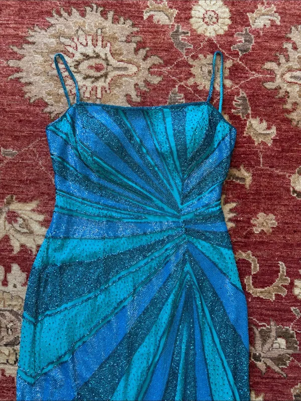Teal & Blue Ruched Spaghetti-Strap Evening Gown - Image 4