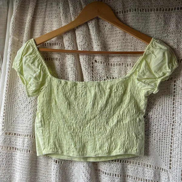 Zara Green Off Shoulder Ruched Milkmaid Crop Top Linen Blend Pastel Medium - Image 2
