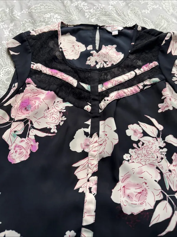 Candie's Black Sleeveless Blouse with Pink Floral Lace Yoke - Image 3