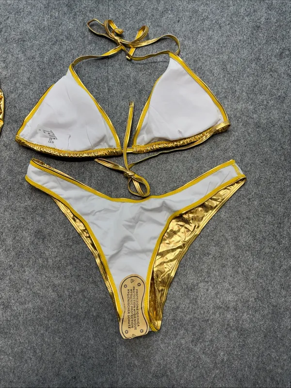 3 Piece Swimsuit Metallic Halter Triangle Bikini Set with Cover Up Beach Skirt - Image 11