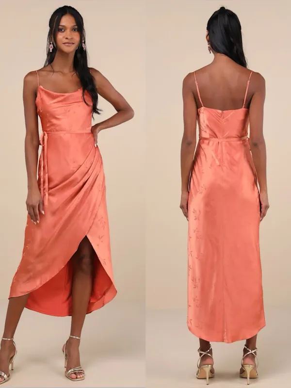 LULU’S Sophisticated Sight Peach Satin Jacquard Cowl Midi Dress - Image 2