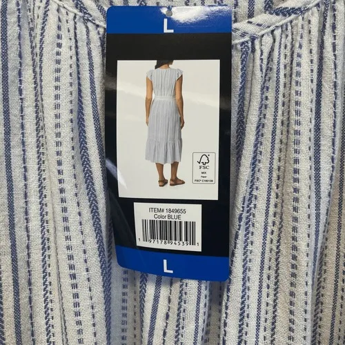 BRIGGS Linen Blend Midi Dress L Blue Striped Flutter Sleeve Belted NWT Coastal - Image 3