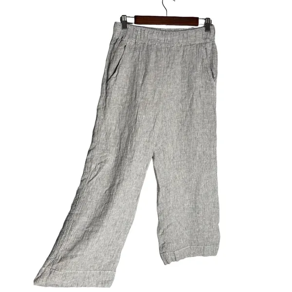 Tahari 100% Linen Wide Leg Crop Pants Small Gauzy Textured Pull On Pockets‎ Gray - Image 3