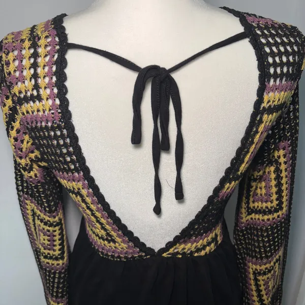 ASOS Design Crochet Granny Square Black Mini Dress Open Back Sz 6 Boho Festival - Image 6