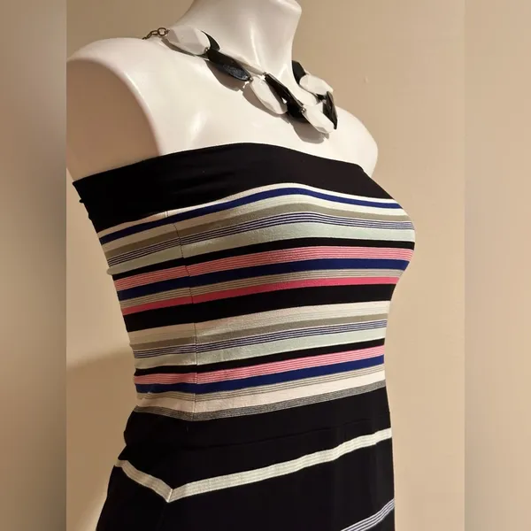 White House Black Market strapless Black Multi Color Stripes Slits Both Side SZ - Image 3