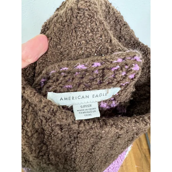 American Eagle Brown Fair Isle Mock Neck Sweater Purple Nordic Knit Small - Image 3