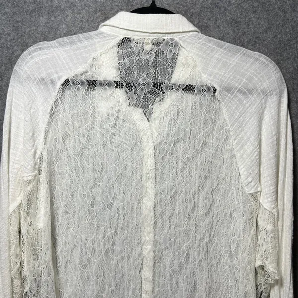 Hem &‎ Thread Ivory Lace Panel Gauze Button Down Shirt Large Boho Romantic Sheer - Image 10