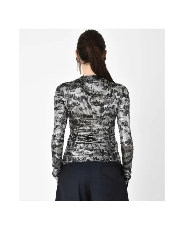 Isabel Marant Diego Floral Ruched Print Stretch Silk Blend Silver Black Top 36 - Image 11