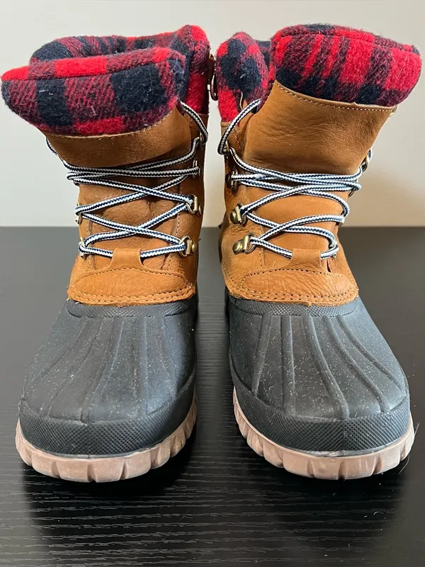 J. Crew‎ Perfect Winter Leather Red Plaid Flannel Winter Duck Boots H1891 Size 8 - Image 3