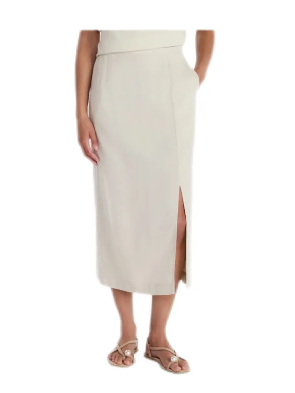 Time and Tru Linen Blend Beige Midi Skirt with Front Slit - Image 3