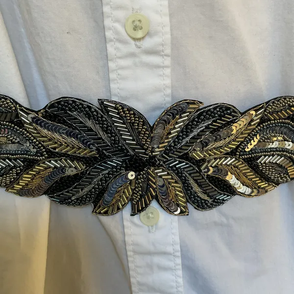 Silver Beaded Embroidered Boho Festival Floral Belt Elastic Sz 34 Waistband NWT - Image 6