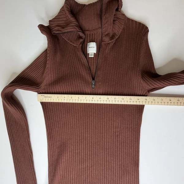 Maeve Anthropologie Brown Ribbed Fitted Half Zip Sweater Large Minimalist Layers - Image 9