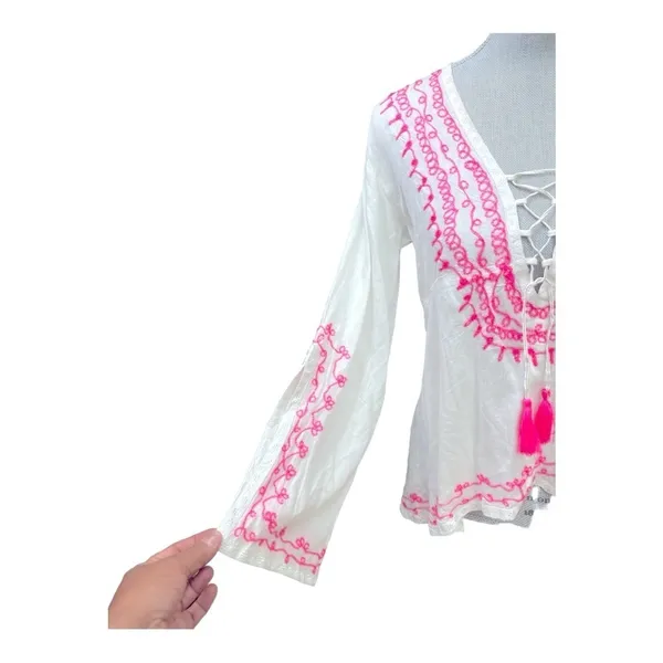 VINTAGE HAVANA WHITE AND NEON PINK EMBROIDERED GYPSY TUNIC TOP size M - Image 5