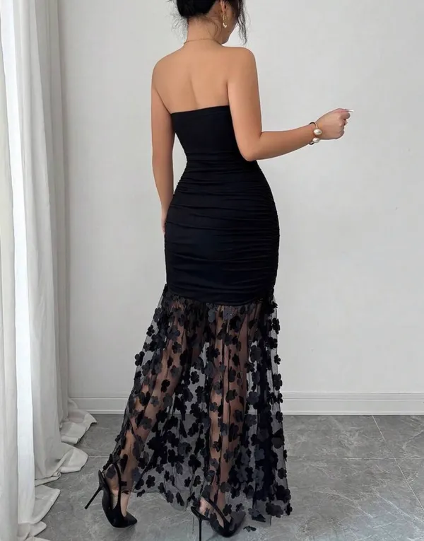 Rafferiza luxury and elegant three-dimensional floral pattern black strapless dress - Image 2