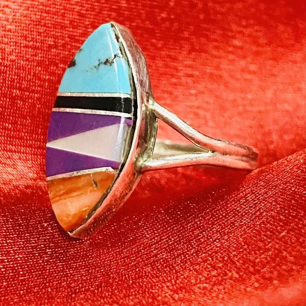 Southwest Sterling Silver Multi Stone Inlay Ring Sz 6-6.5 Signed P - Image 4