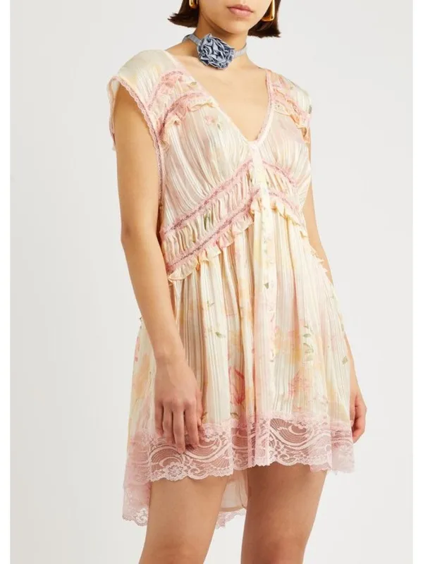 Free People Spring Fling Mini Dress in Tea Combo Medium New Womens Lace Boho - Image 13