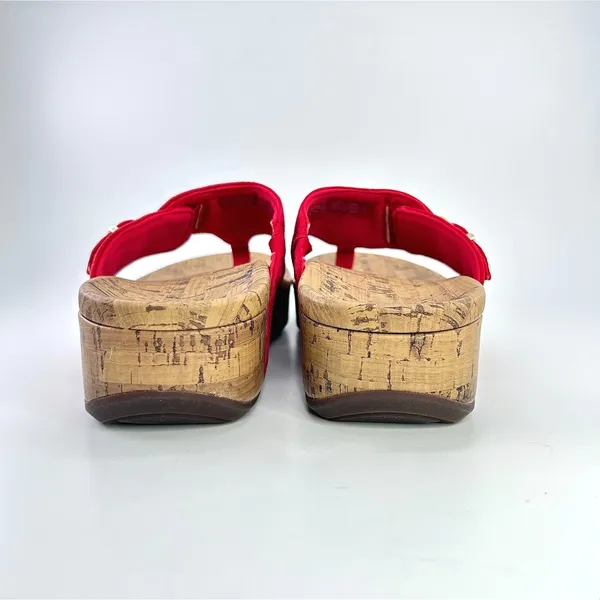 Vionic Orthaheel Marbella Red Textile Thong Buckle Cork Wedge Sandals 8W Coastal - Image 9