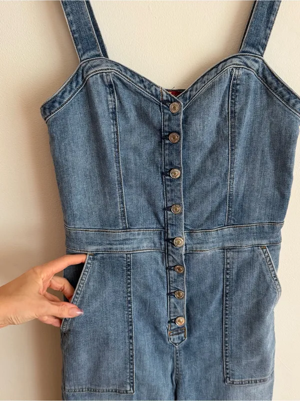 7 For All Mankind Denim Corset Jumpsuit Sweetheart Button Front Medium M - Image 2