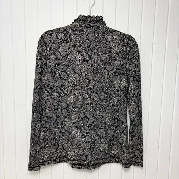 Ralph Lauren Black White Paisley‎ Ruffle Front Long Sleeve Cotton Blouse Size XL - Image 7