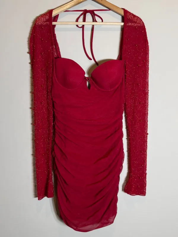 Oh Polly St. Germain Embellished Long Sleeve Mini Dress Women's 6 Red Pearls - Image 5