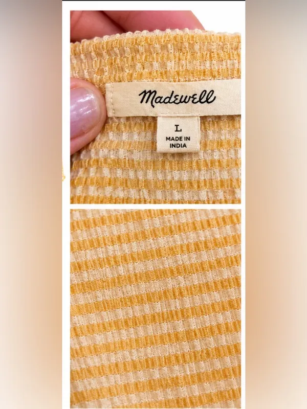 Madewell Textured Stripe Collared Top Women’s Large Yellow Ivory Short Sleeve - Image 3