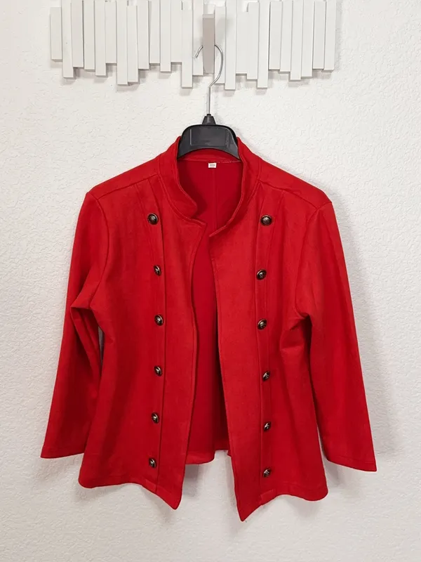 Red Faux Suede Feel Military Double Breasted Open Front Jacket Blazer - Image 2