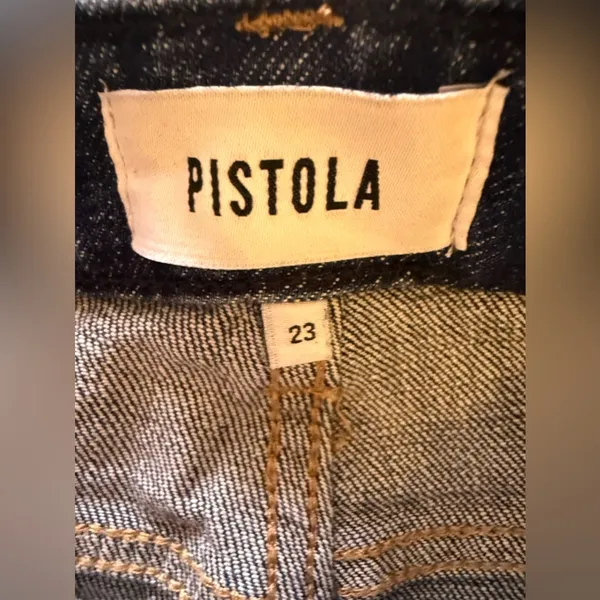 Pistola baggy jeans, dark denim, distressed high waist zip bottom size 23 - Image 7