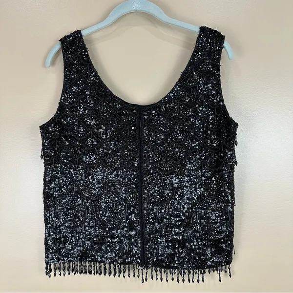 Vintage Cyn Les Black Wool Sequined & Beaded Scalloped Design Tank Top Medium - Image 7