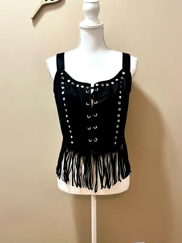 NWT Social Collision Faux Suede Fringe Black Top Size Medium - Image 2