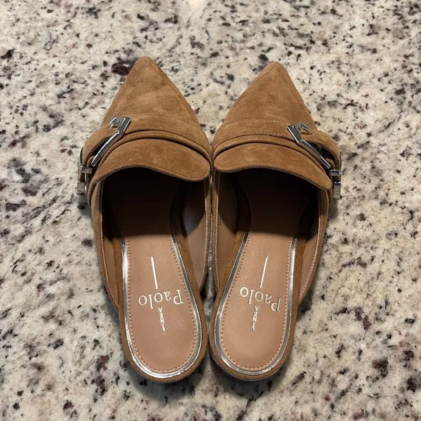 Linea Paolo Suede Mules Womens 6M Tan Pointed Toe Buckle Loafer‎ Slides Chic - Image 4